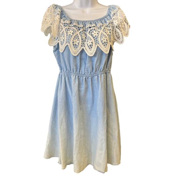 Iris Women’s Dress Cornflower Blue with White Lace Cinched Waist Size Large - Picture 1 of 3
